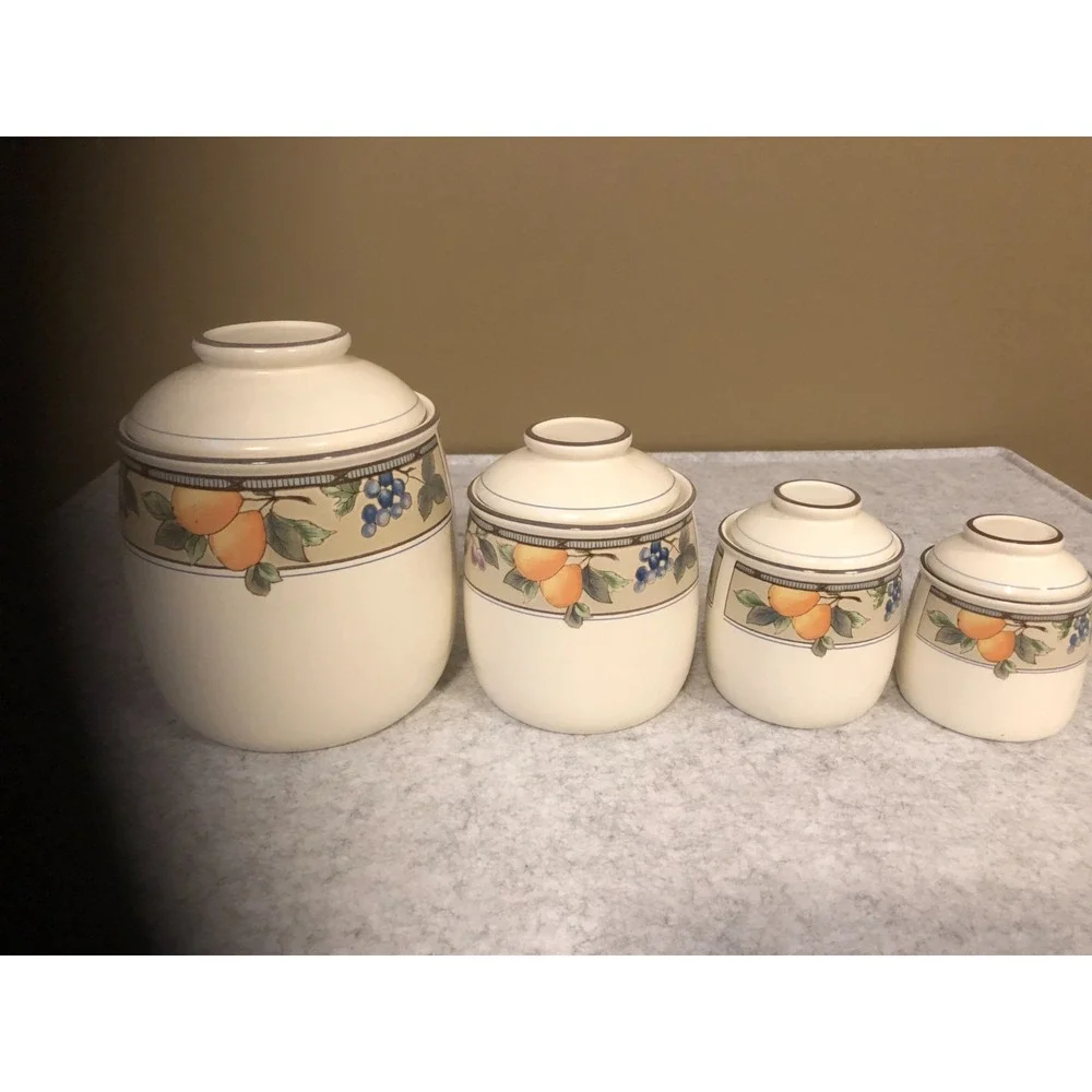 Vintage Mikasa Intaglio Garden Harvest 4 Canister Set w/ Lids (8-pcs)
